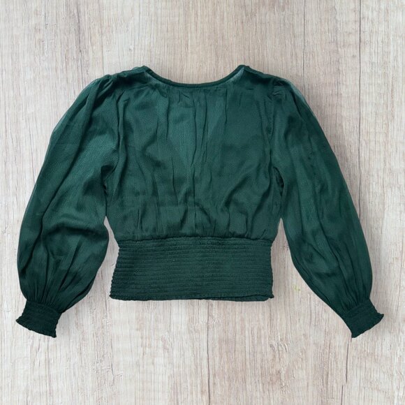 Abercrombie & Fitch Forest Green Smocked Waist Long Sleeve Deep V Blouse Size L - Picture 6 of 6